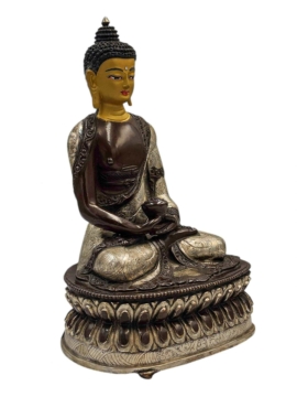 Statue du Bouddha Amitabha – Cuivre avec finition oxydée en argent et chocolat, 21 cm