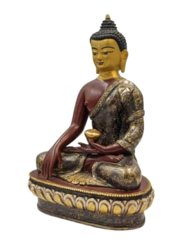 Shakyamuni Buddha Copper Statue with Chocolate Oxidized Finish and Gold-Plated Face