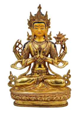 Statue de Chenrezig – Cuivre avec un visage entièrement plaqué or, Bodhisattva de la Compassion