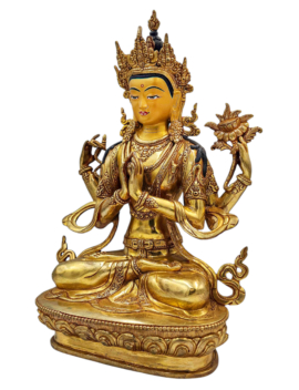 Statue de Chenrezig – Cuivre avec un visage entièrement plaqué or, Bodhisattva de la Compassion