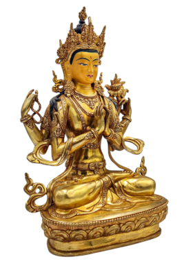 Statue de Chenrezig – Cuivre avec un visage entièrement plaqué or, Bodhisattva de la Compassion