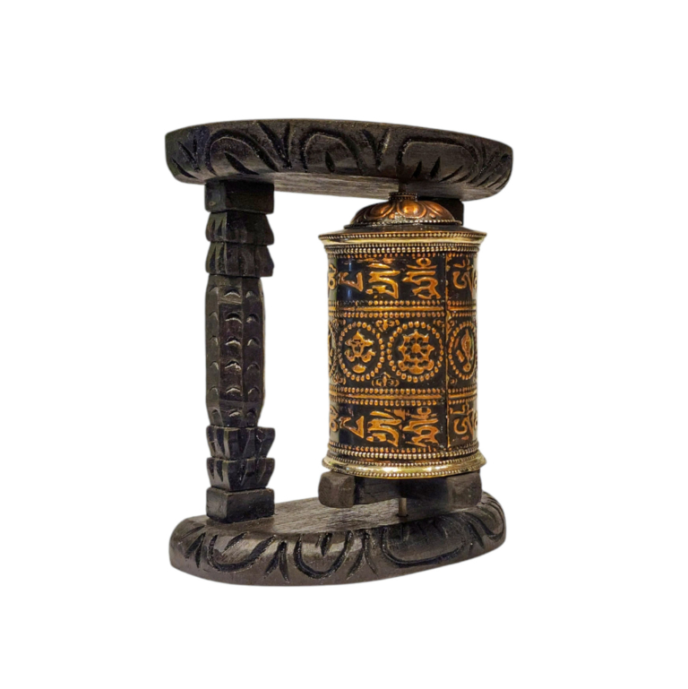 Rueda de Oración de Madera y Latón Ashtamangala