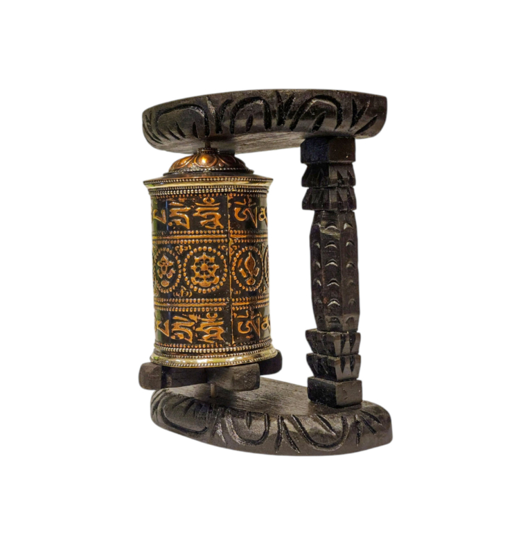 Rueda de Oración de Madera y Latón Ashtamangala