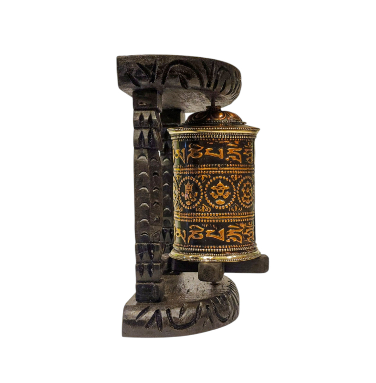 Rueda de Oración de Madera y Latón Ashtamangala