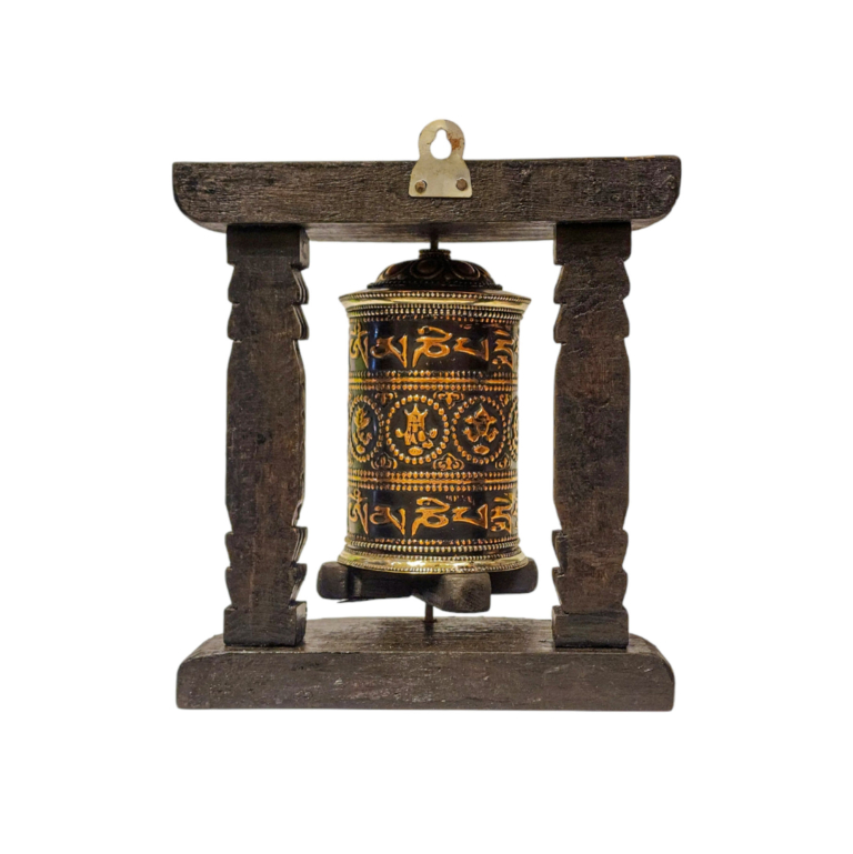 Rueda de Oración de Madera y Latón Ashtamangala