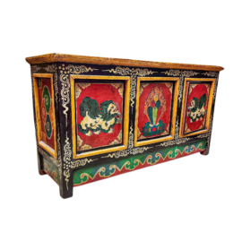 Cabinet en bois tibétain avec motif de lion des neiges
