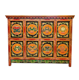 Cabinet en bois tibétain avec symboles d&rsquo;Ashtamangala