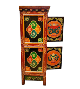 Cabinet en bois tibétain avec symboles d&rsquo;Ashtamangala