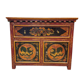 Cabinet en bois tibétain avec art du lion des neiges et du dragon