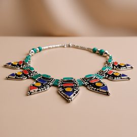 Inlaid Stone Pendant Necklace with Turquoise and Lapis Lazuli