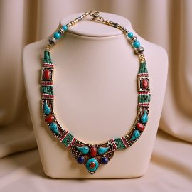 Sacred Inlaid Stone Pendant Necklace in White Metal