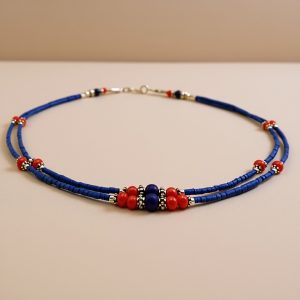 Lapis Lazuli Coral Inlaid Stone Pendant Necklace