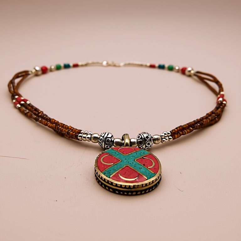 Inlaid Stone Pendant Necklace with White Metal