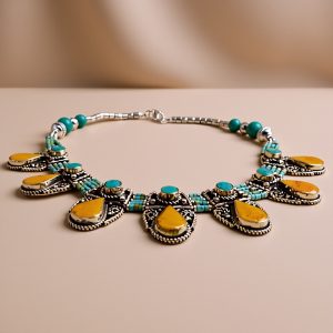 Inlaid Turquoise and Coral Pendant Necklace