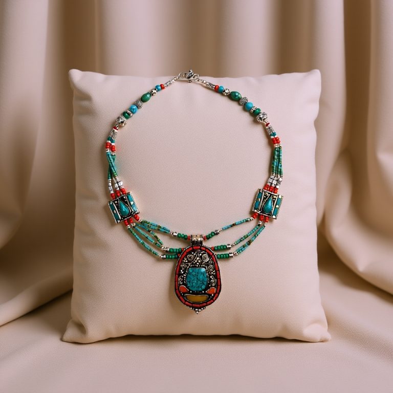 Inlaid Stone Pendant Necklace in White Metal