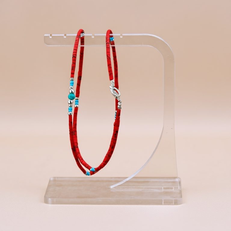 Coral, Turquoise & White Metal Beaded Necklace