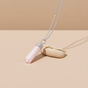 Rose Quartz Pendant with White Metal Chain