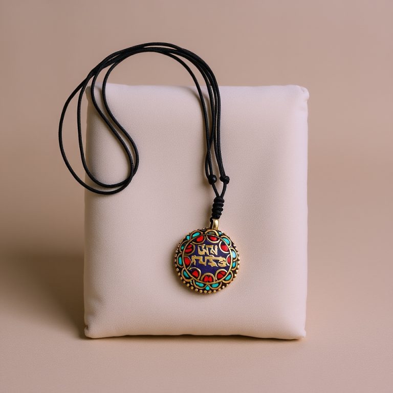 Tibetan Mantra Pendant in White Metal