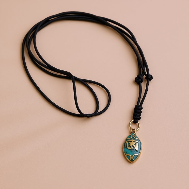 Tibetan Om Pendant in White Metal with Turquoise