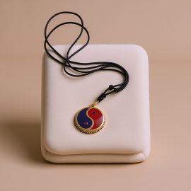 This handmade Yin and Yang pendant necklace from Nepal symbolizes the harmony of life, crafted with white metal, Lapis Lazuli, and Coral, reflecting the interconnectedness of all beings.