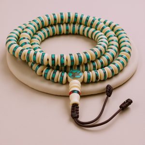 Inlaid Yak Bone Prayer Mala - White & Green