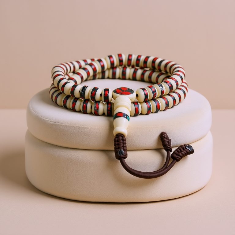 White Red Inlaid Yak Bone Prayer Mala