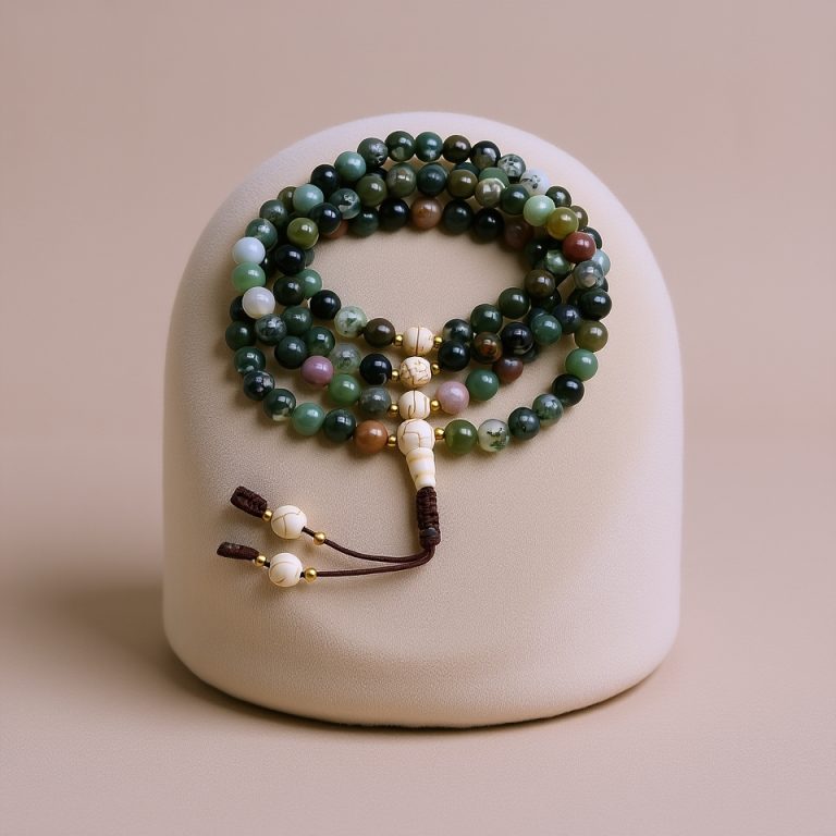 Bloodstone Mala with Howlite Spacers, 108 Beads