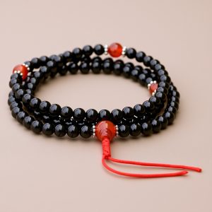 Black Onyx Japa Mala with Carnelian Spacers