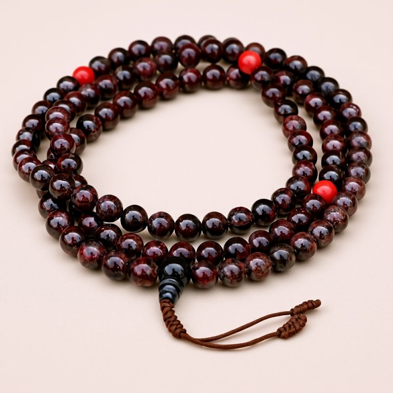 Dark Red Garnet and Coral Prayer Mala