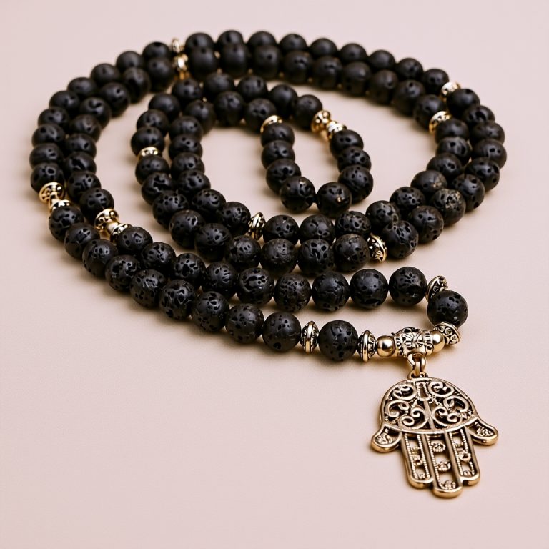 Hamsa Charm Lava Stone Japa Mala