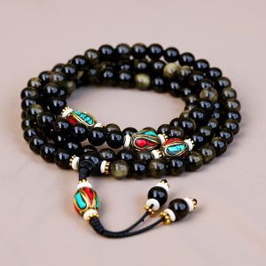 Brass Inlaid Black Obsidian Japa Mala