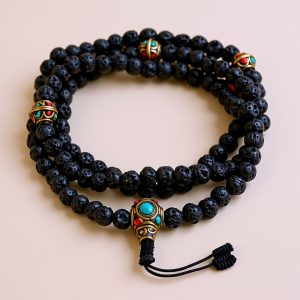 Lava Stone Prayer Mala with Brass Beads