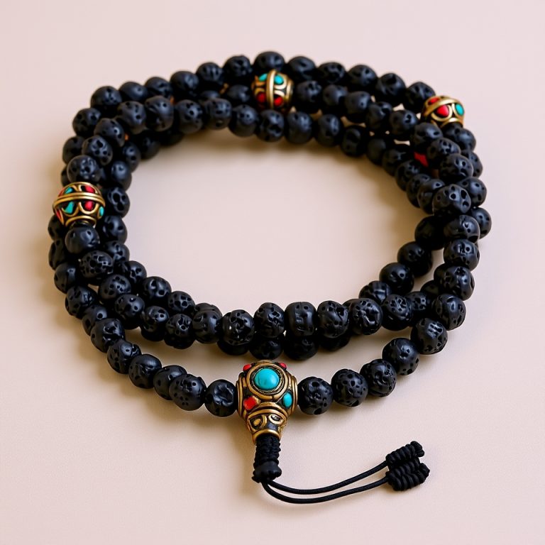 Lava Stone Prayer Mala with Brass Beads