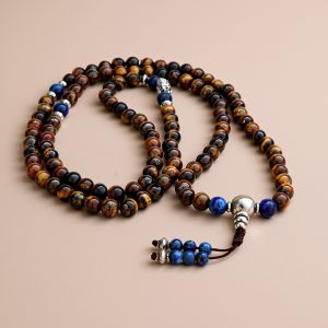 Tiger Eye Stone Japa Mala with Lion Beads