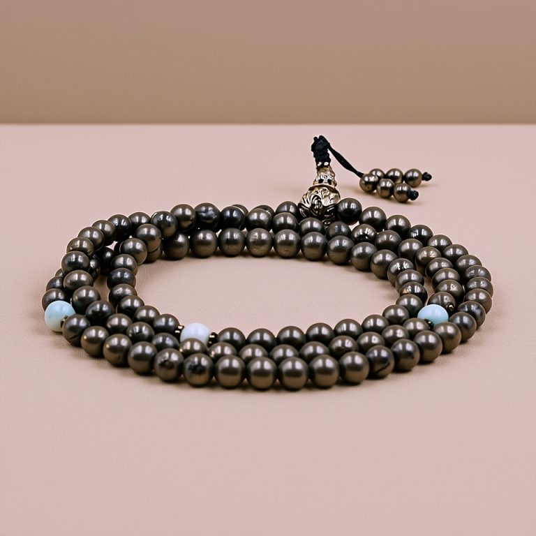 Pyrite and Turquoise Lotus Guru Bead Mala