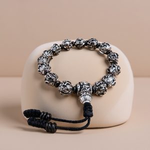 Tibetan Mantra Wrist Mala in White Metal & Yak Bone