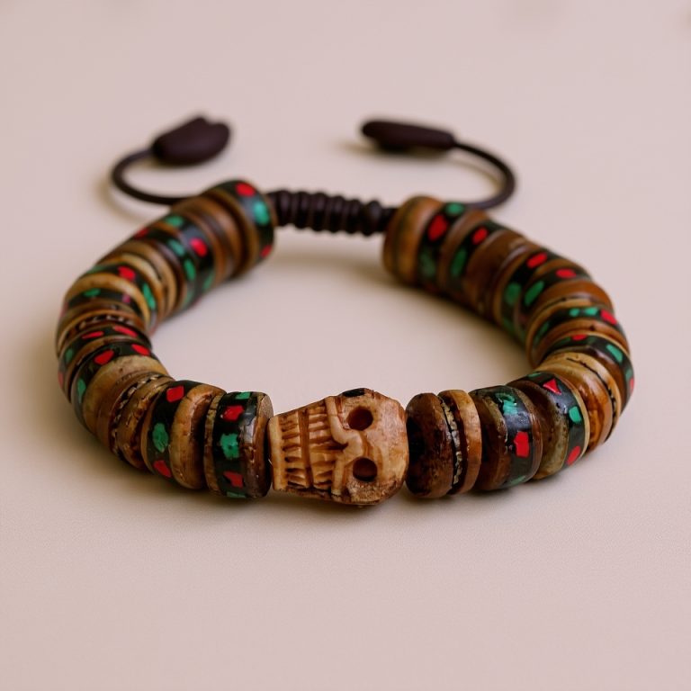 Brown Yak Bone Skull Inlaid Wrist Mala