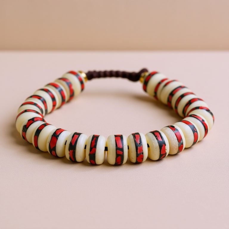 Inlaid Yak Bone Wrist Mala with Coral Stones