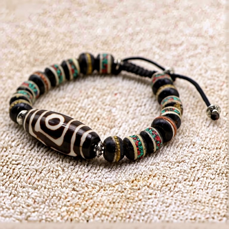 Mix Color Yak Bone Wrist Mala with Dzi Bead