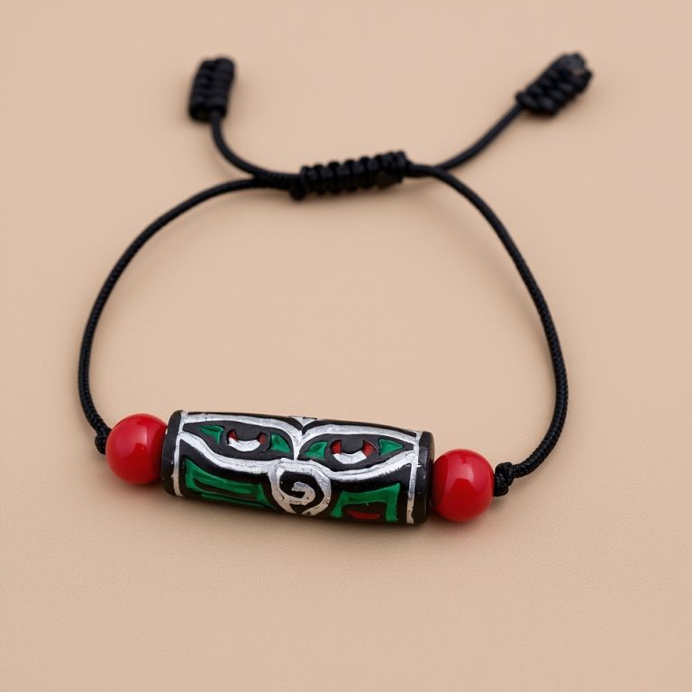 Coral Wrist Mala with Buddha Eye Mantra