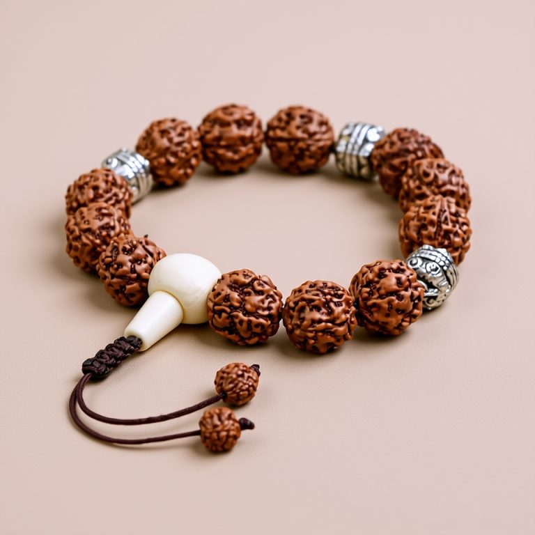 Rudraksha Five Faces Wrist Mala with White Metal