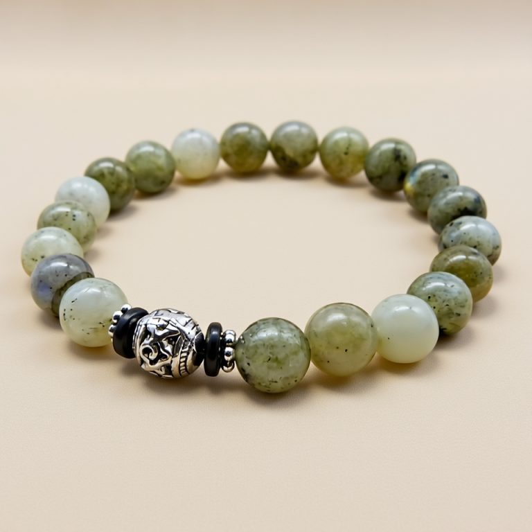 Labradorite Stone White Metal Charm Wrist Mala