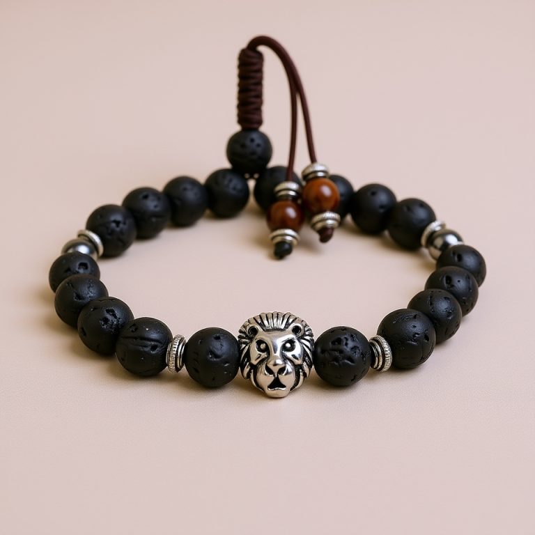 Lava & Hematite Stone Wrist Mala with Lion Bead