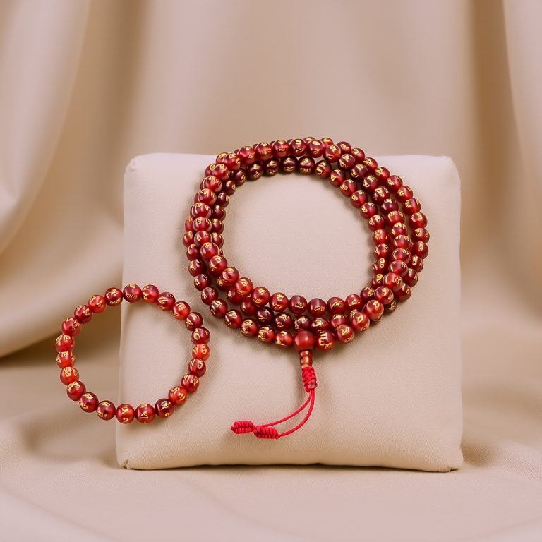 Carnelian Stone Mantra Carved Japa Mala Set