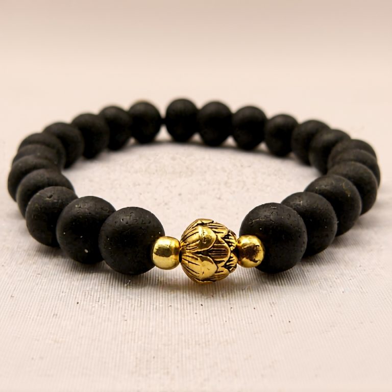 Matte Onyx Wrist Mala with White Metal Flower