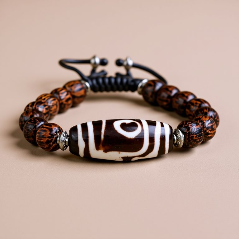 Dzi Bead Palm Wood Wrist Mala
