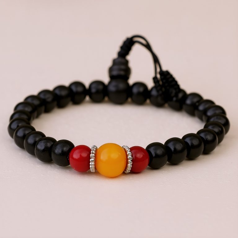 Rosewood Wrist Mala with Coral and Amber
