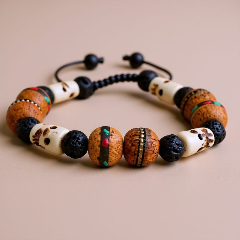 Natural Wood Skull Bead Wrist Mala