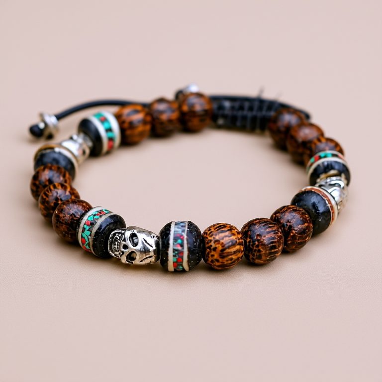 Palm Wood Skull Wrist Mala with Yak Bone