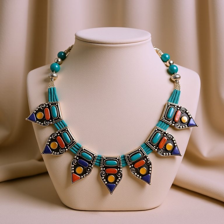 Inlaid Stone Pendant Necklace with Turquoise and Lapis Lazuli